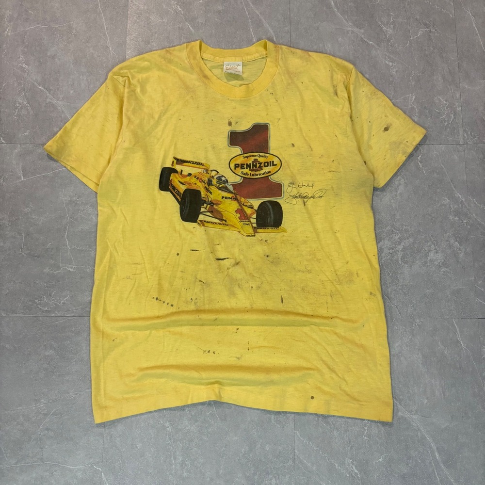 1970's Ebert Pennzoil Racing T-Shirt Mens Large Yellow IndyCar Distressed 50/50